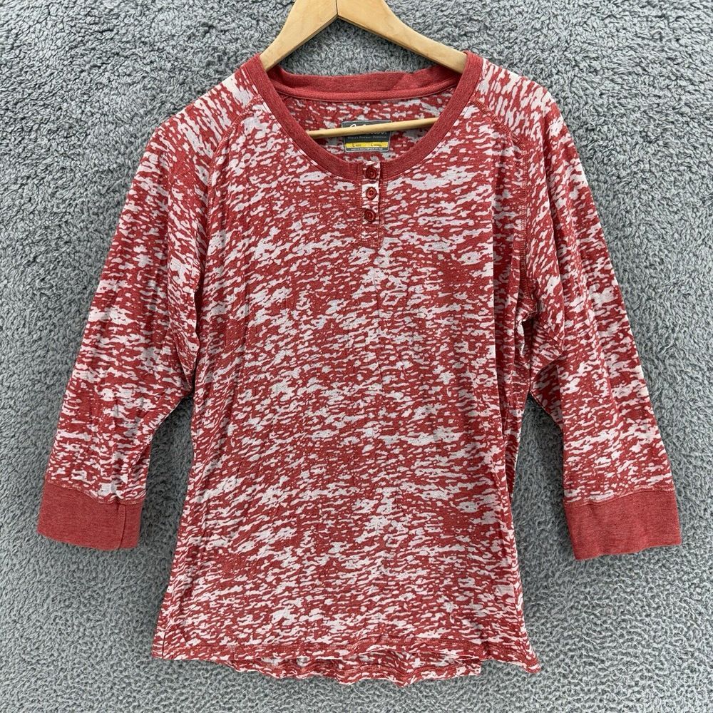 Cabela's Womens Large Henley Shirt Red White Heathered 3/4 Sleeve‎ Pullover